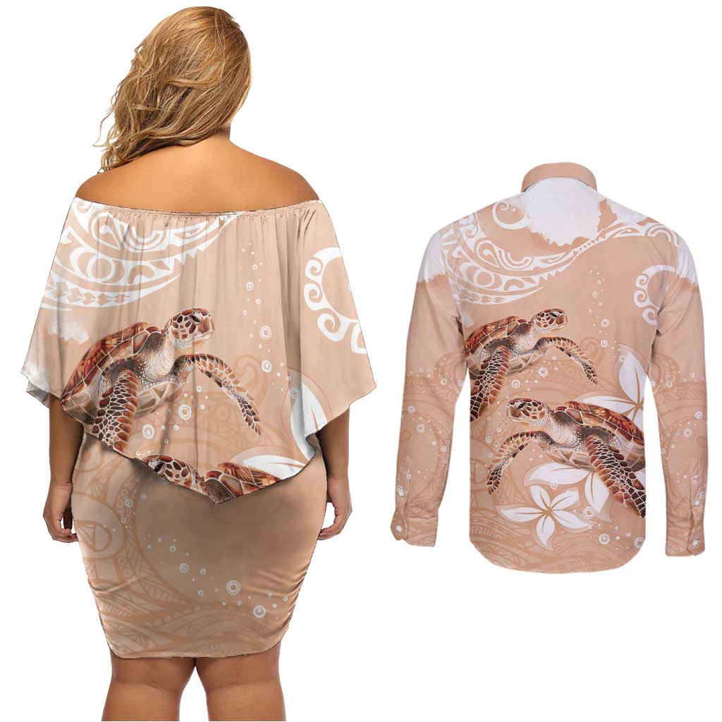 Happy Valentine's Day Polynesia Couples Matching Off Shoulder Short Dress and Long Sleeve Button Shirt SeaTurtle Couple Polynesian - Desert Sand Color