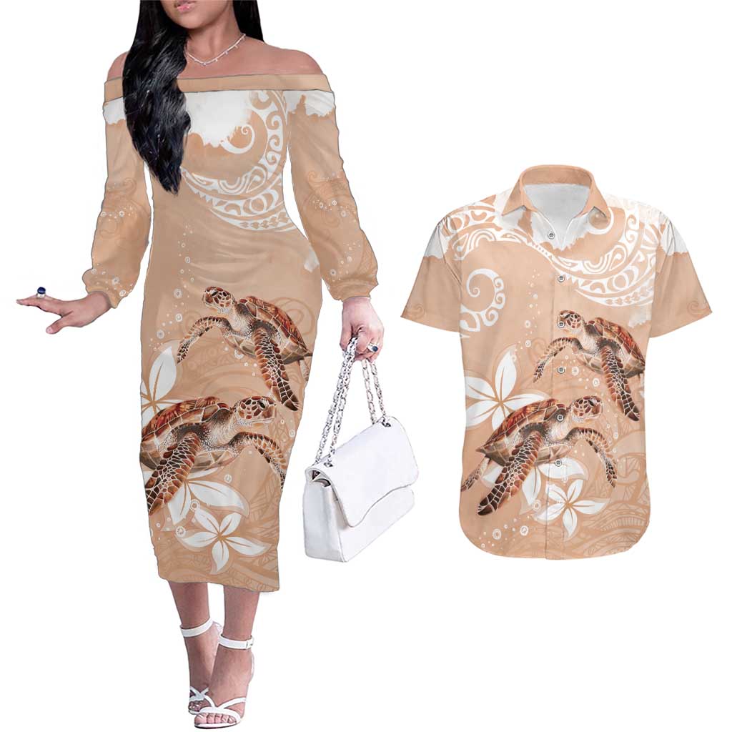 Happy Valentine's Day Polynesia Couples Matching Off The Shoulder Long Sleeve Dress and Hawaiian Shirt SeaTurtle Couple Polynesian - Desert Sand Color