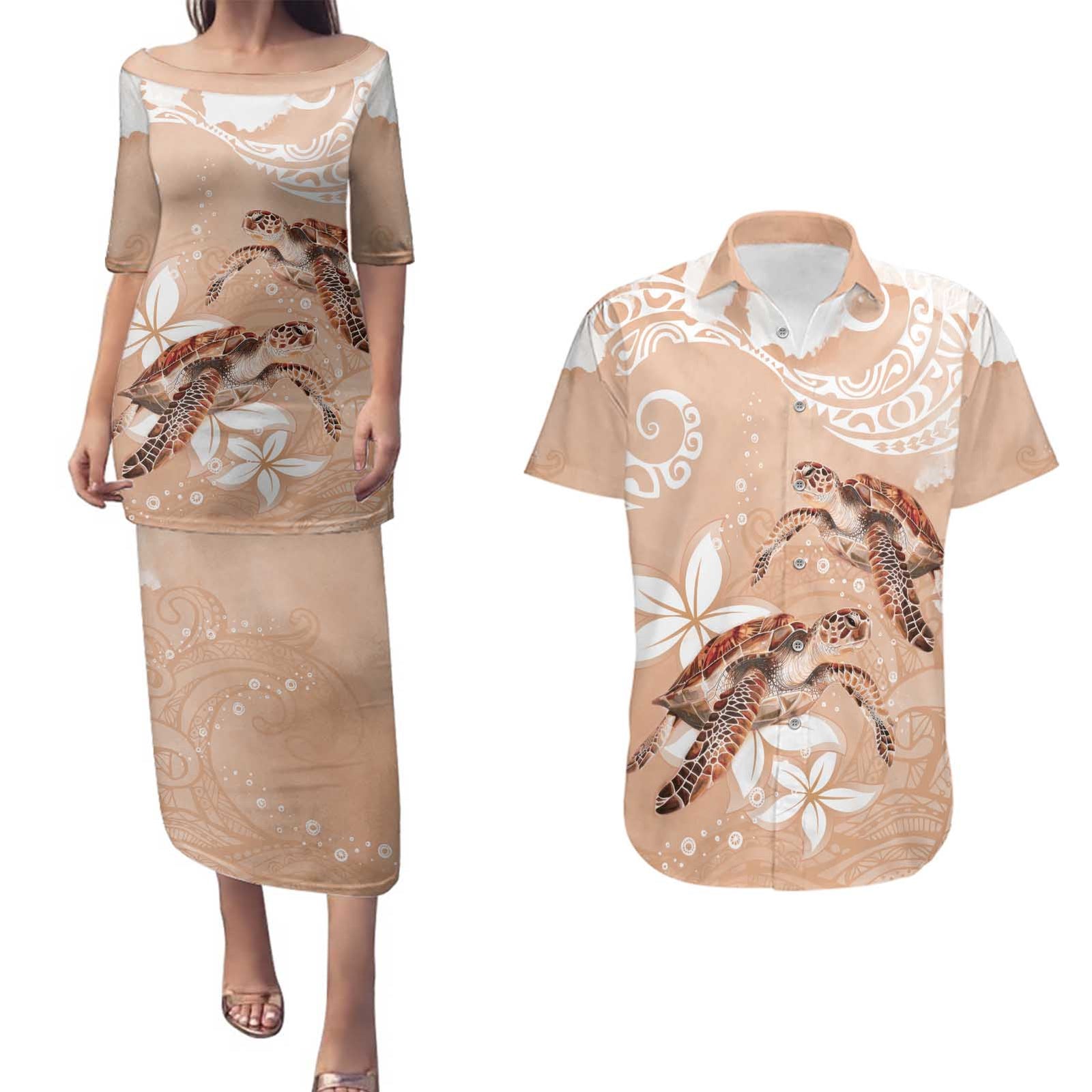 Happy Valentine's Day Polynesia Couples Matching Puletasi and Hawaiian Shirt SeaTurtle Couple Polynesian - Desert Sand Color