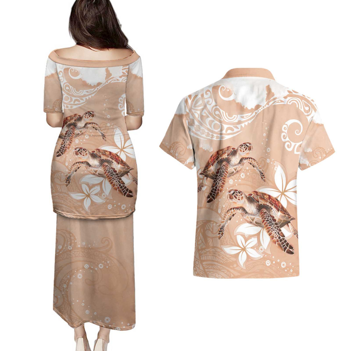 Happy Valentine's Day Polynesia Couples Matching Puletasi and Hawaiian Shirt SeaTurtle Couple Polynesian - Desert Sand Color