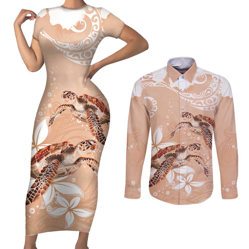 Happy Valentine's Day Polynesia Couples Matching Short Sleeve Bodycon Dress and Long Sleeve Button Shirt SeaTurtle Couple Polynesian - Desert Sand Color