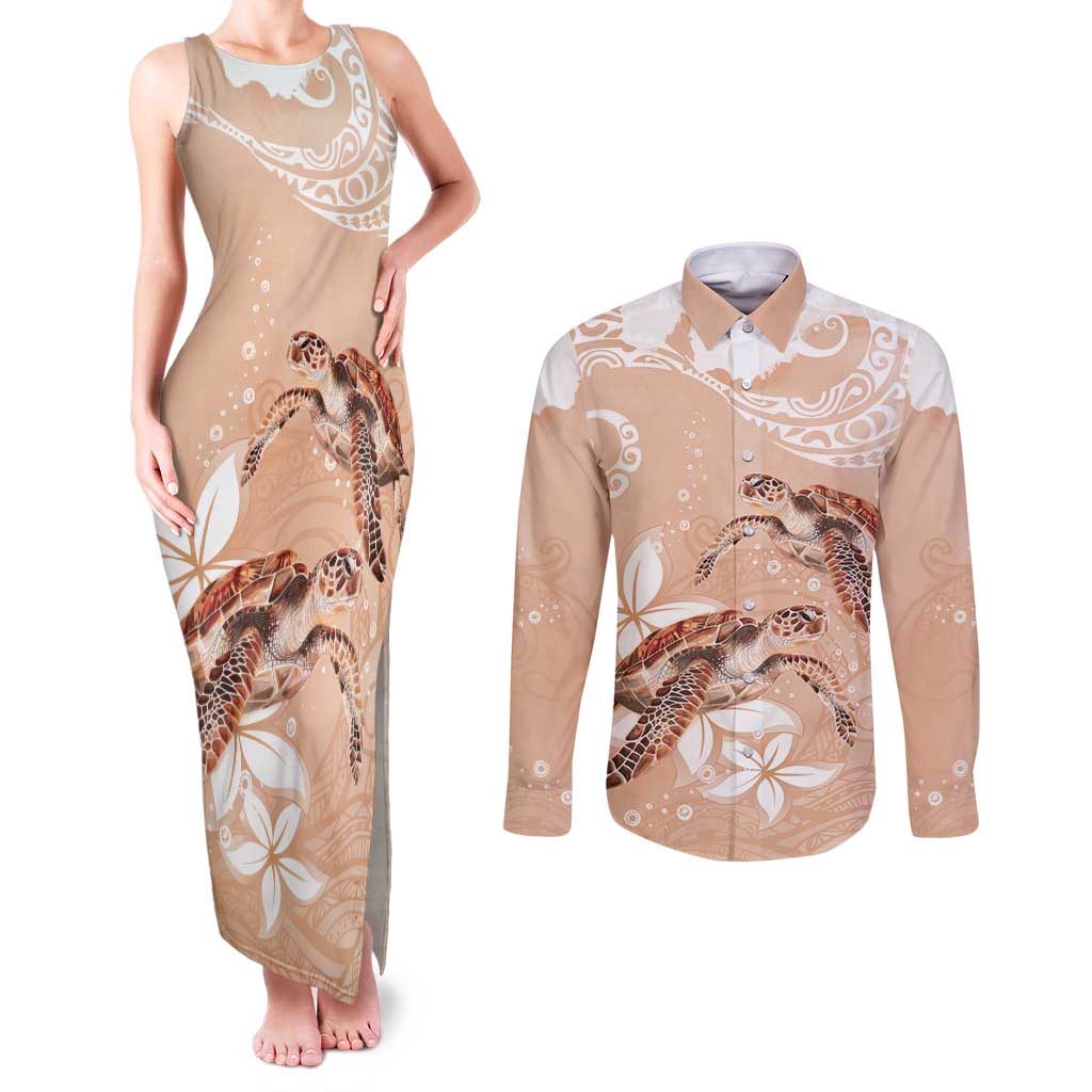 Happy Valentine's Day Polynesia Couples Matching Tank Maxi Dress and Long Sleeve Button Shirt SeaTurtle Couple Polynesian - Desert Sand Color