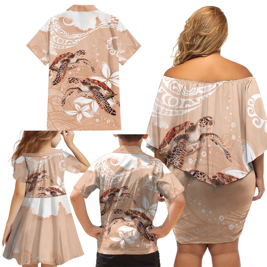 Happy Valentine's Day Polynesia Family Matching Off Shoulder Short Dress and Hawaiian Shirt SeaTurtle Couple Polynesian - Desert Sand Color