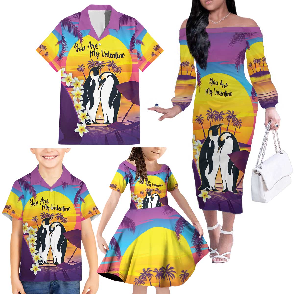 Hawaii Penguin Couple Family Matching Off The Shoulder Long Sleeve Dress and Hawaiian Shirt You Are My Valentine - Tropical Sunset Vibes