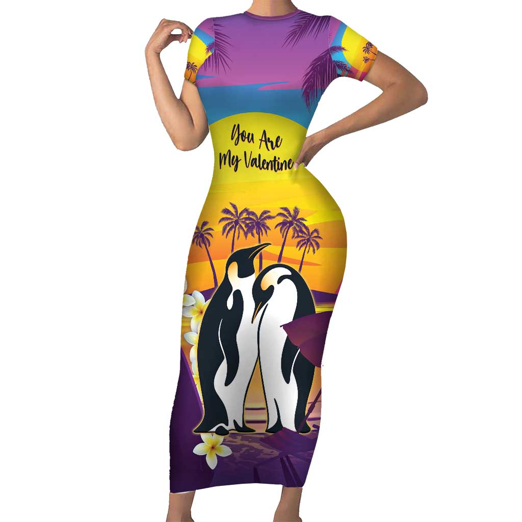 Hawaii Penguin Couple Short Sleeve Bodycon Dress You Are My Valentine - Tropical Sunset Vibes