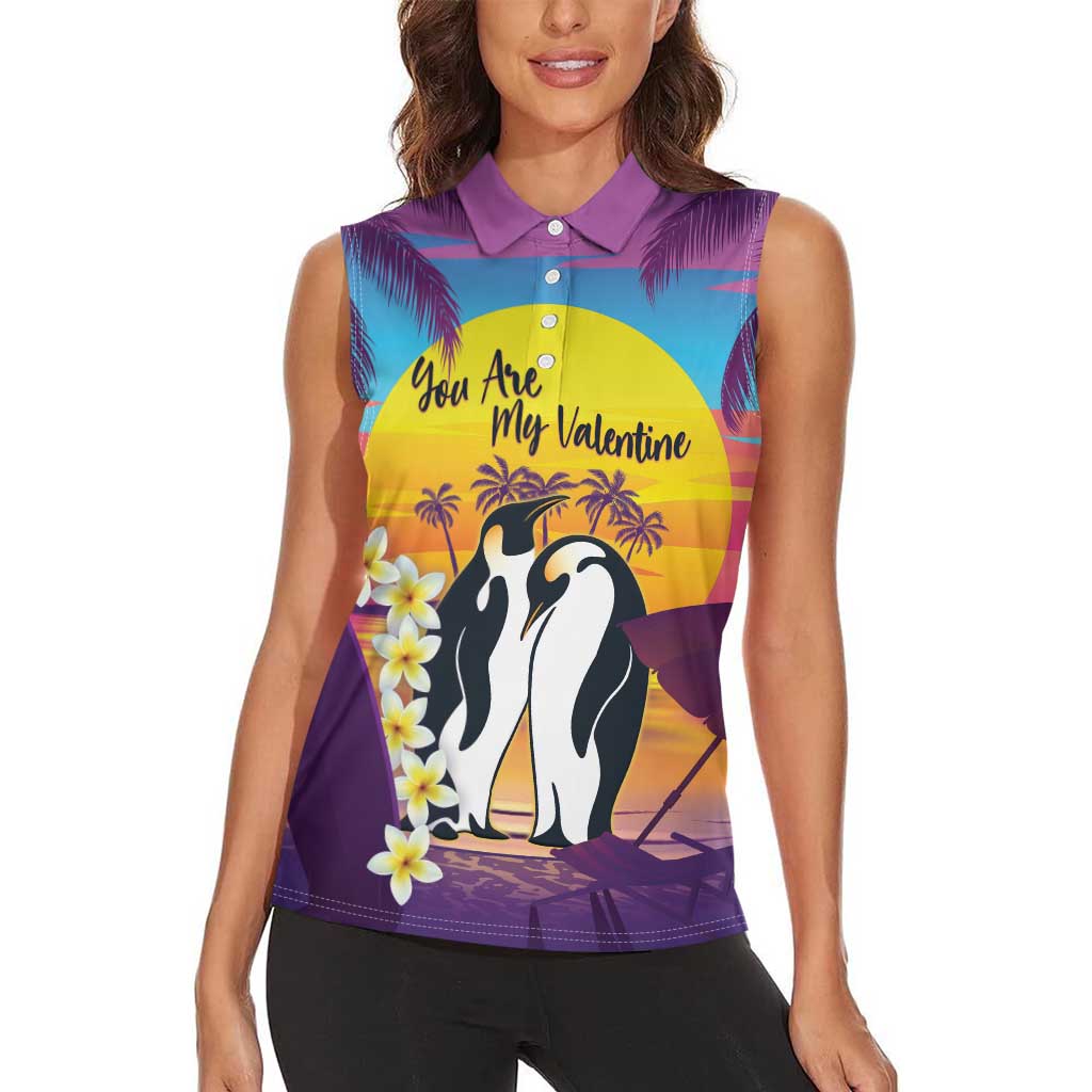 Hawaii Penguin Couple Women Sleeveless Polo Shirt You Are My Valentine - Tropical Sunset Vibes LT14 - Polynesian Pride