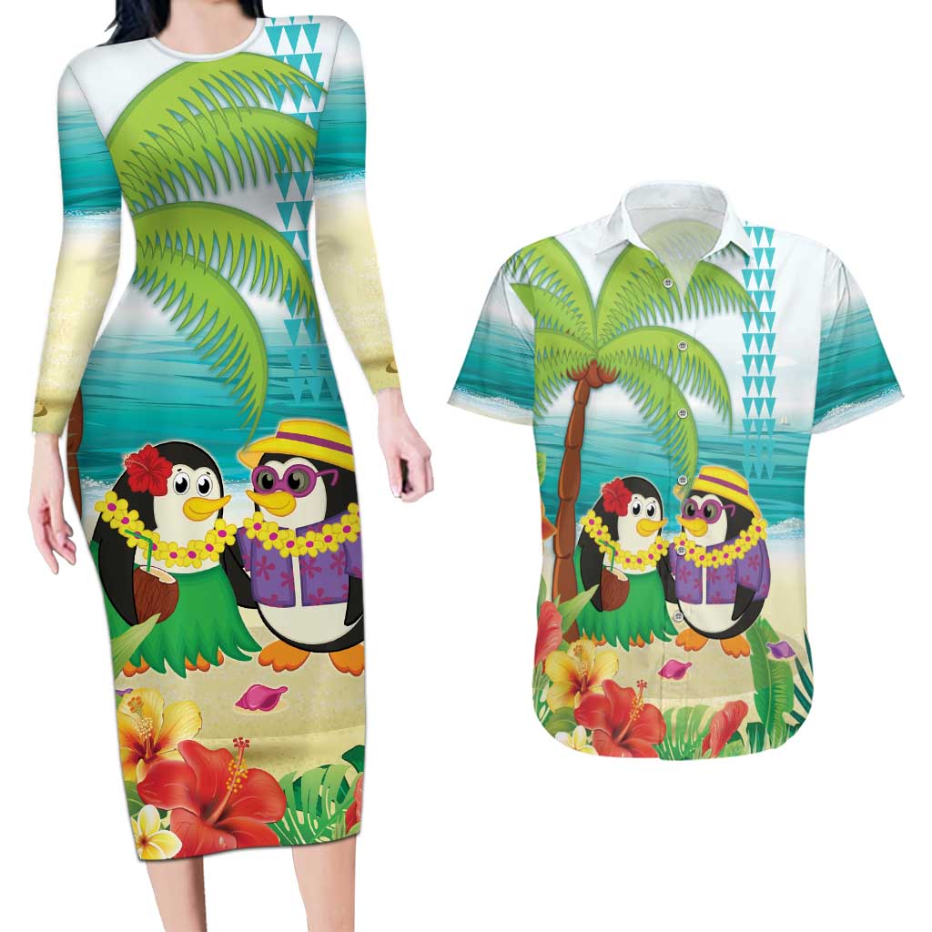 Hawaii Penguin Couple Couples Matching Long Sleeve Bodycon Dress and Hawaiian Shirt Hawaiian Kakau - Tropical Summer Vibes
