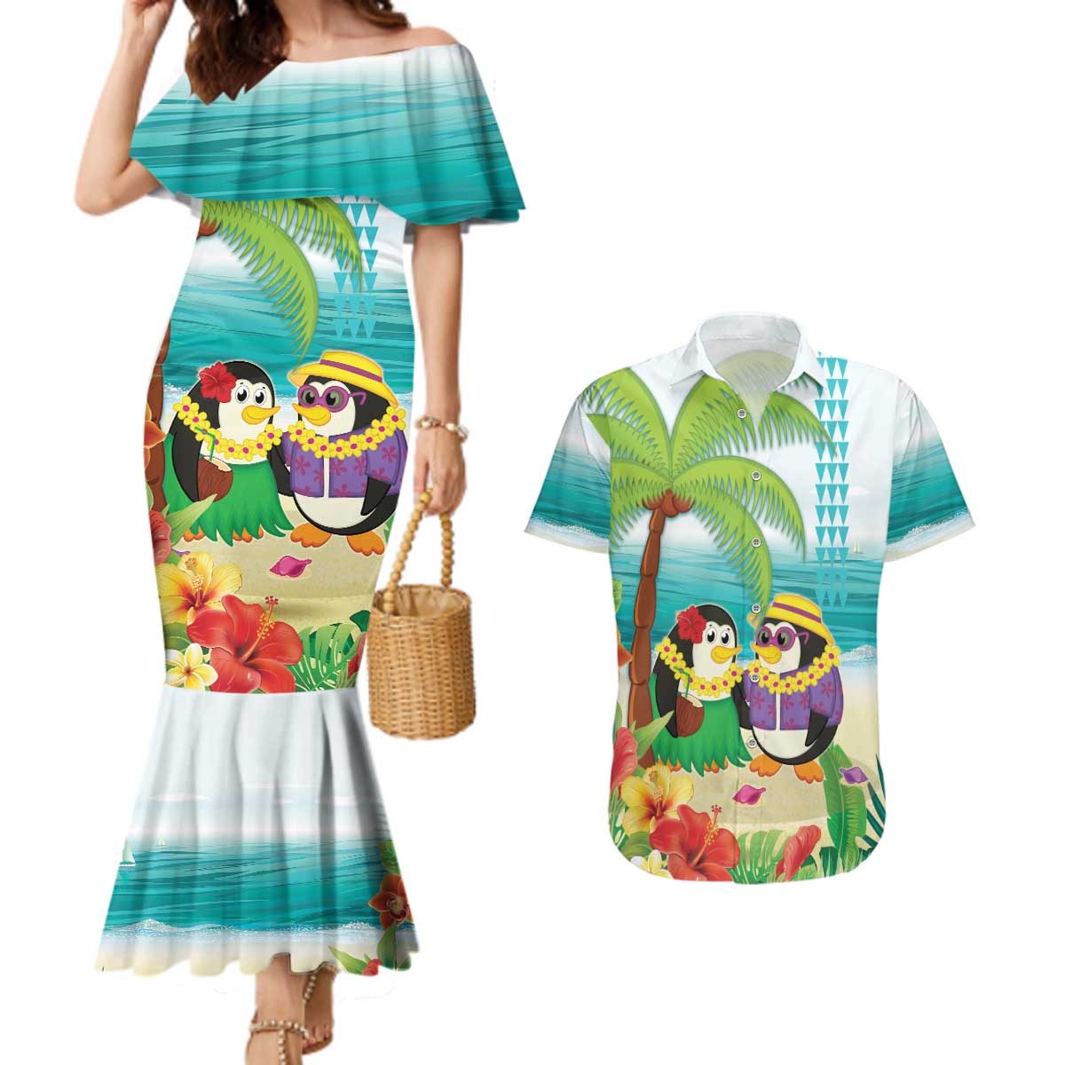 Hawaii Penguin Couple Couples Matching Mermaid Dress and Hawaiian Shirt Hawaiian Kakau - Tropical Summer Vibes