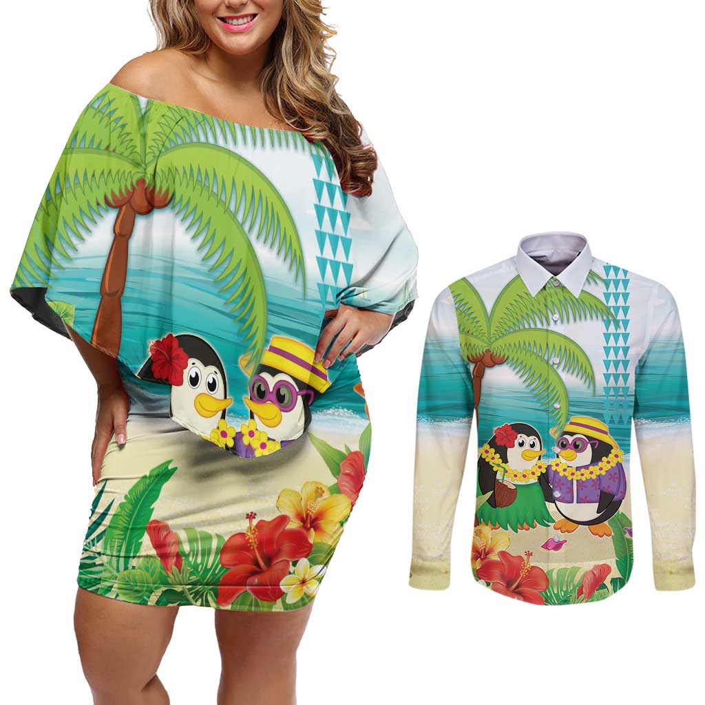 Hawaii Penguin Couple Couples Matching Off Shoulder Short Dress and Long Sleeve Button Shirt Hawaiian Kakau - Tropical Summer Vibes