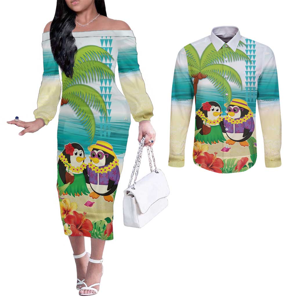 Hawaii Penguin Couple Couples Matching Off The Shoulder Long Sleeve Dress and Long Sleeve Button Shirt Hawaiian Kakau - Tropical Summer Vibes