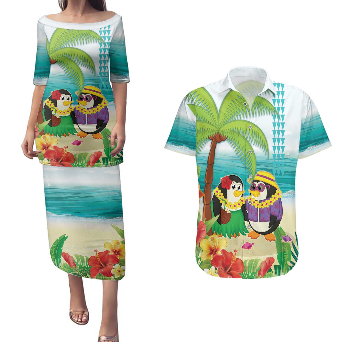 Hawaii Penguin Couple Couples Matching Puletasi and Hawaiian Shirt Hawaiian Kakau - Tropical Summer Vibes