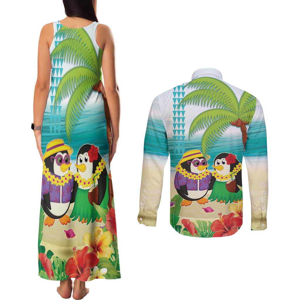 Hawaii Penguin Couple Couples Matching Tank Maxi Dress and Long Sleeve Button Shirt Hawaiian Kakau - Tropical Summer Vibes