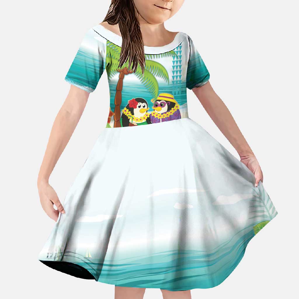 Hawaii Penguin Couple Family Matching Long Sleeve Bodycon Dress and Hawaiian Shirt Hawaiian Kakau - Tropical Summer Vibes LT14 Daughter's Dress Cyan - Polynesian Pride