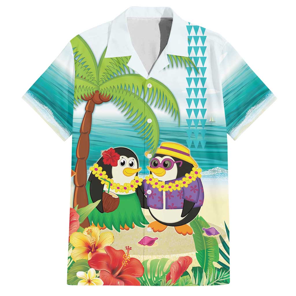 Hawaii Penguin Couple Family Matching Long Sleeve Bodycon Dress and Hawaiian Shirt Hawaiian Kakau - Tropical Summer Vibes LT14 Dad's Shirt - Short Sleeve Cyan - Polynesian Pride