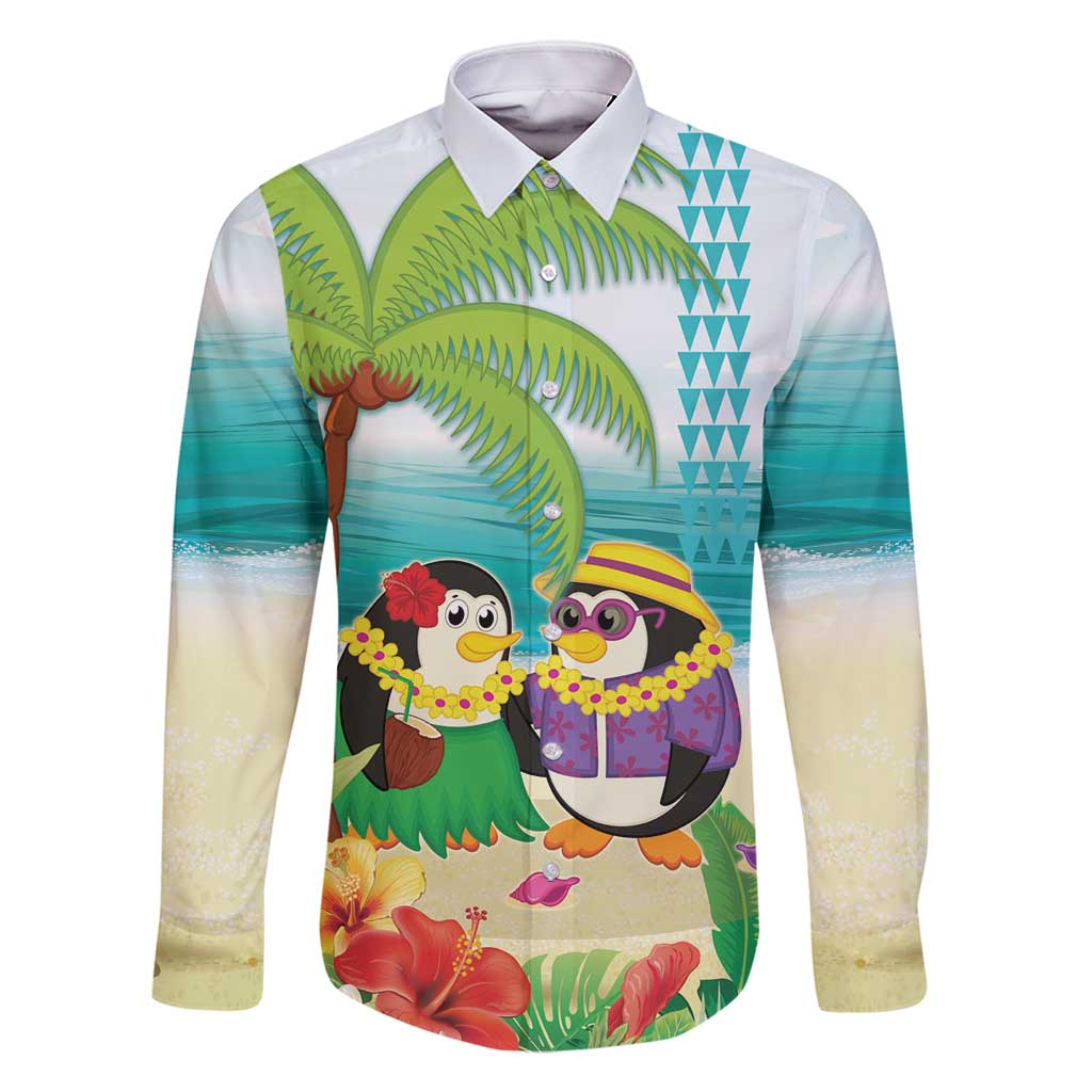 Hawaii Penguin Couple Family Matching Long Sleeve Bodycon Dress and Hawaiian Shirt Hawaiian Kakau - Tropical Summer Vibes LT14 Dad's Shirt - Long Sleeve Cyan - Polynesian Pride