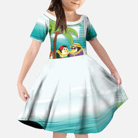 Hawaii Penguin Couple Family Matching Short Sleeve Bodycon Dress and Hawaiian Shirt Hawaiian Kakau - Tropical Summer Vibes LT14 Daughter's Dress Cyan - Polynesian Pride