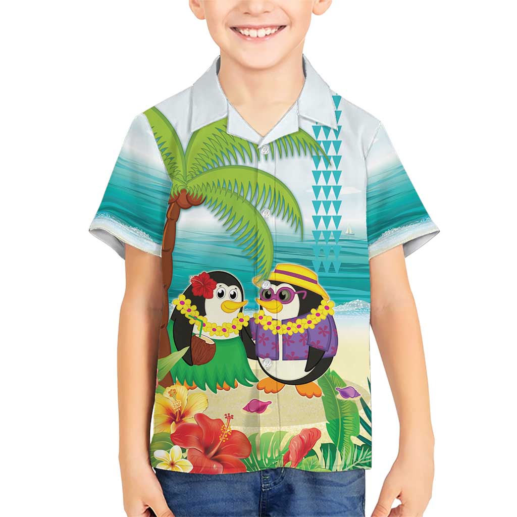 Hawaii Penguin Couple Family Matching Short Sleeve Bodycon Dress and Hawaiian Shirt Hawaiian Kakau - Tropical Summer Vibes LT14 Son's Shirt Cyan - Polynesian Pride