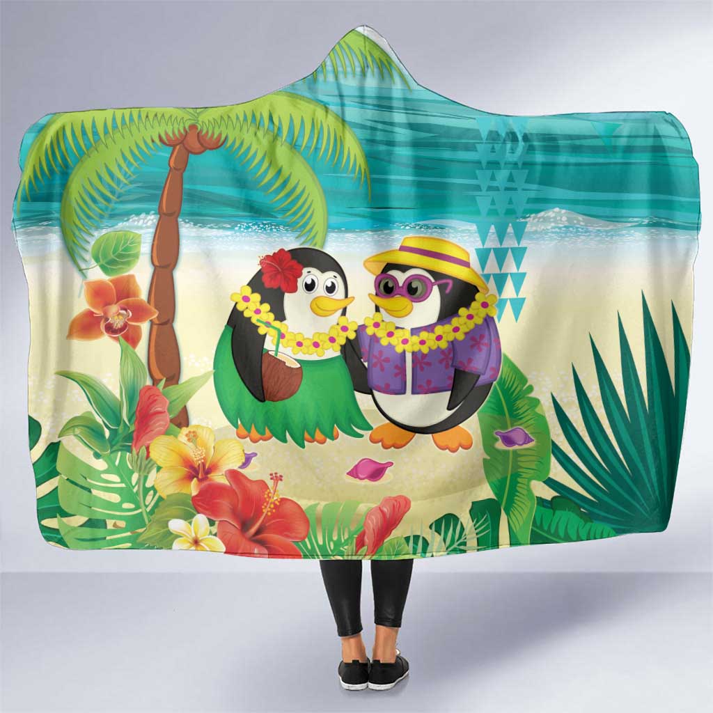 Hawaii Penguin Couple Hooded Blanket Hawaiian Kakau - Tropical Summer Vibes