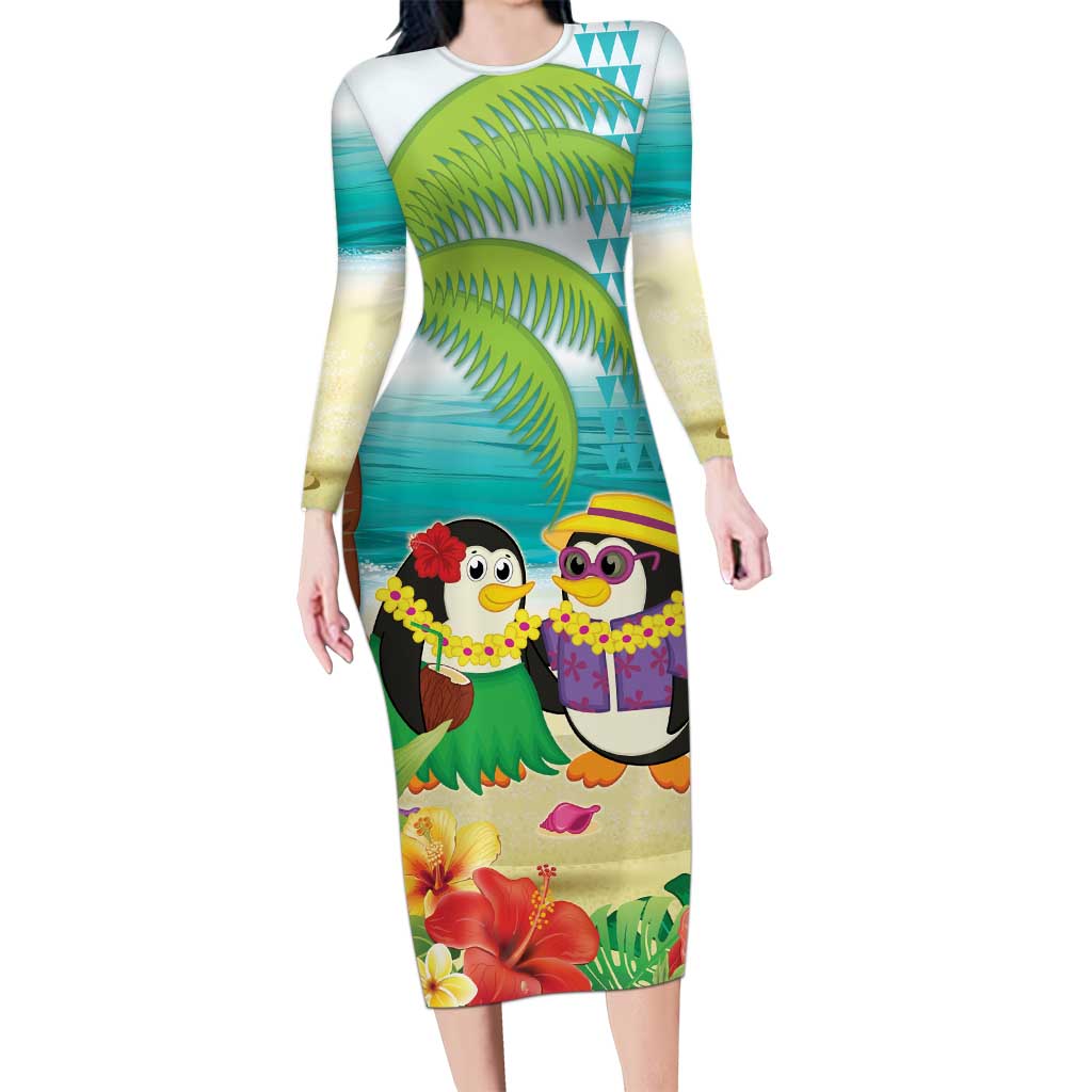 Hawaii Penguin Couple Long Sleeve Bodycon Dress Hawaiian Kakau - Tropical Summer Vibes