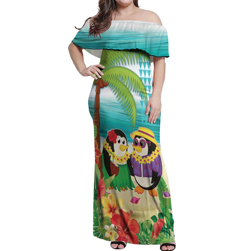 Hawaii Penguin Couple Off Shoulder Maxi Dress Hawaiian Kakau - Tropical Summer Vibes