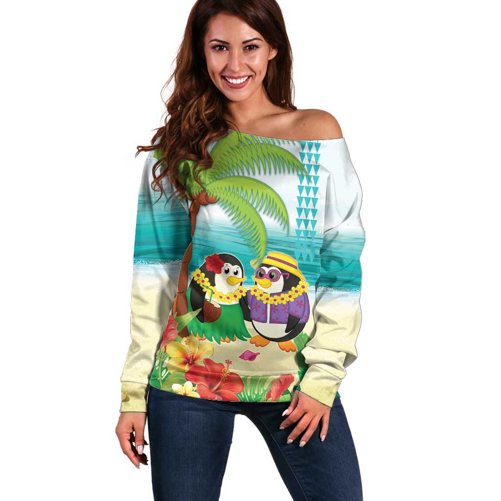 Hawaii Penguin Couple Off Shoulder Sweater Hawaiian Kakau - Tropical Summer Vibes