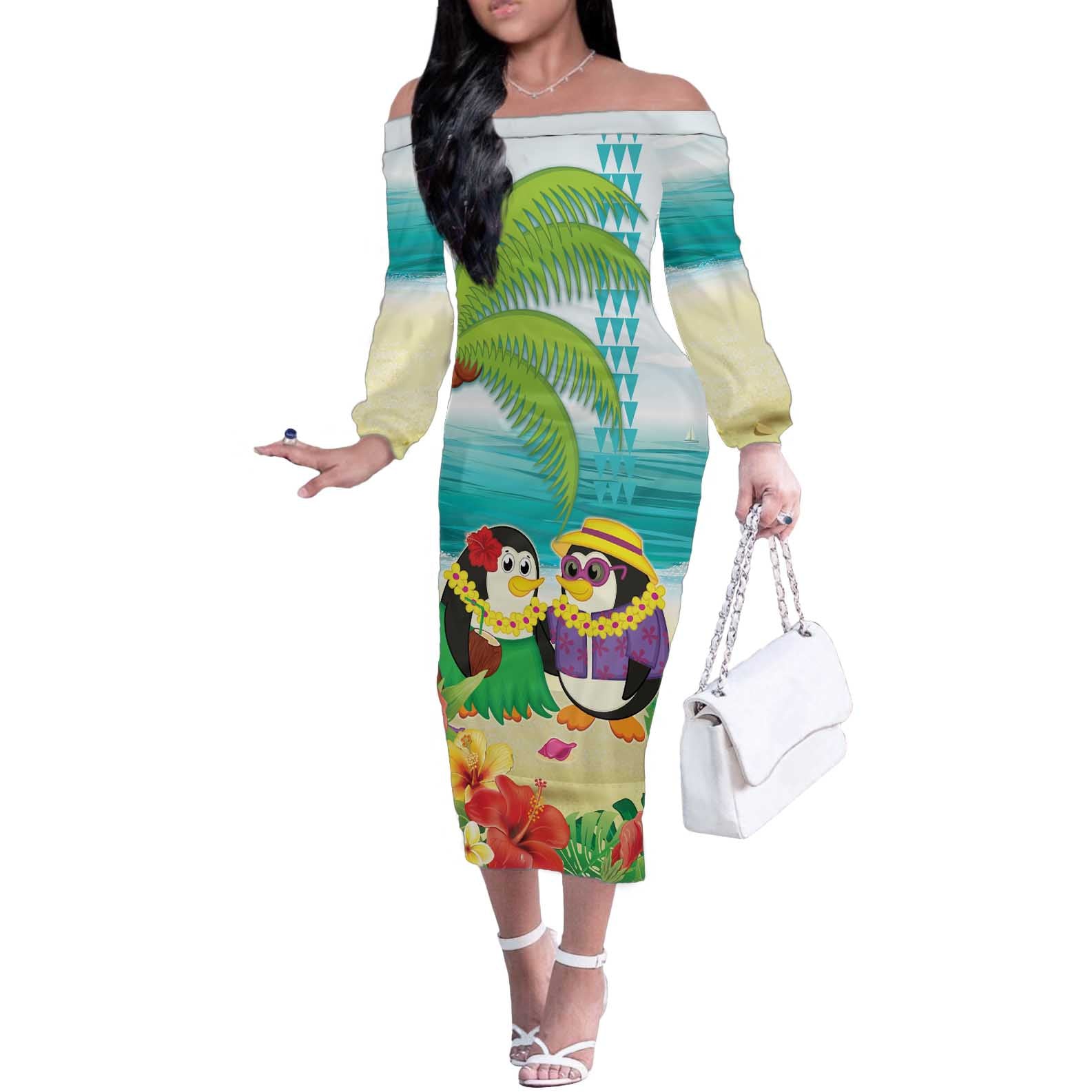 Hawaii Penguin Couple Off The Shoulder Long Sleeve Dress Hawaiian Kakau - Tropical Summer Vibes