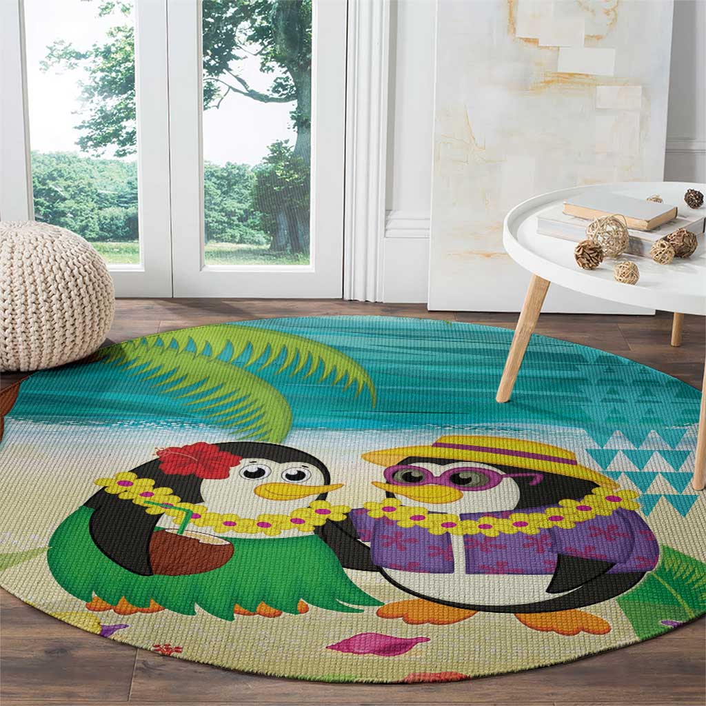 Hawaii Penguin Couple Round Carpet Hawaiian Kakau - Tropical Summer Vibes