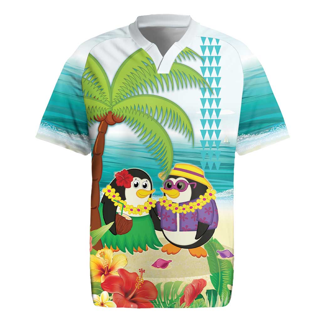 Hawaii Penguin Couple Rugby Jersey Hawaiian Kakau - Tropical Summer Vibes