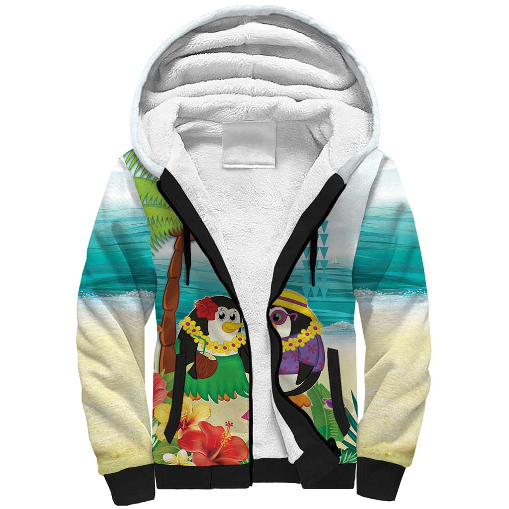 Hawaii Penguin Couple Sherpa Hoodie Hawaiian Kakau - Tropical Summer Vibes