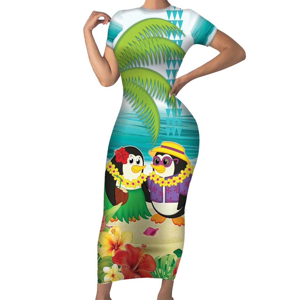 Hawaii Penguin Couple Short Sleeve Bodycon Dress Hawaiian Kakau - Tropical Summer Vibes