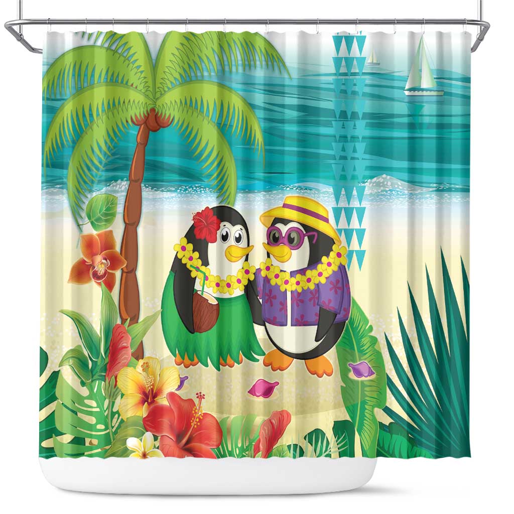 Hawaii Penguin Couple Shower Curtain Hawaiian Kakau - Tropical Summer Vibes