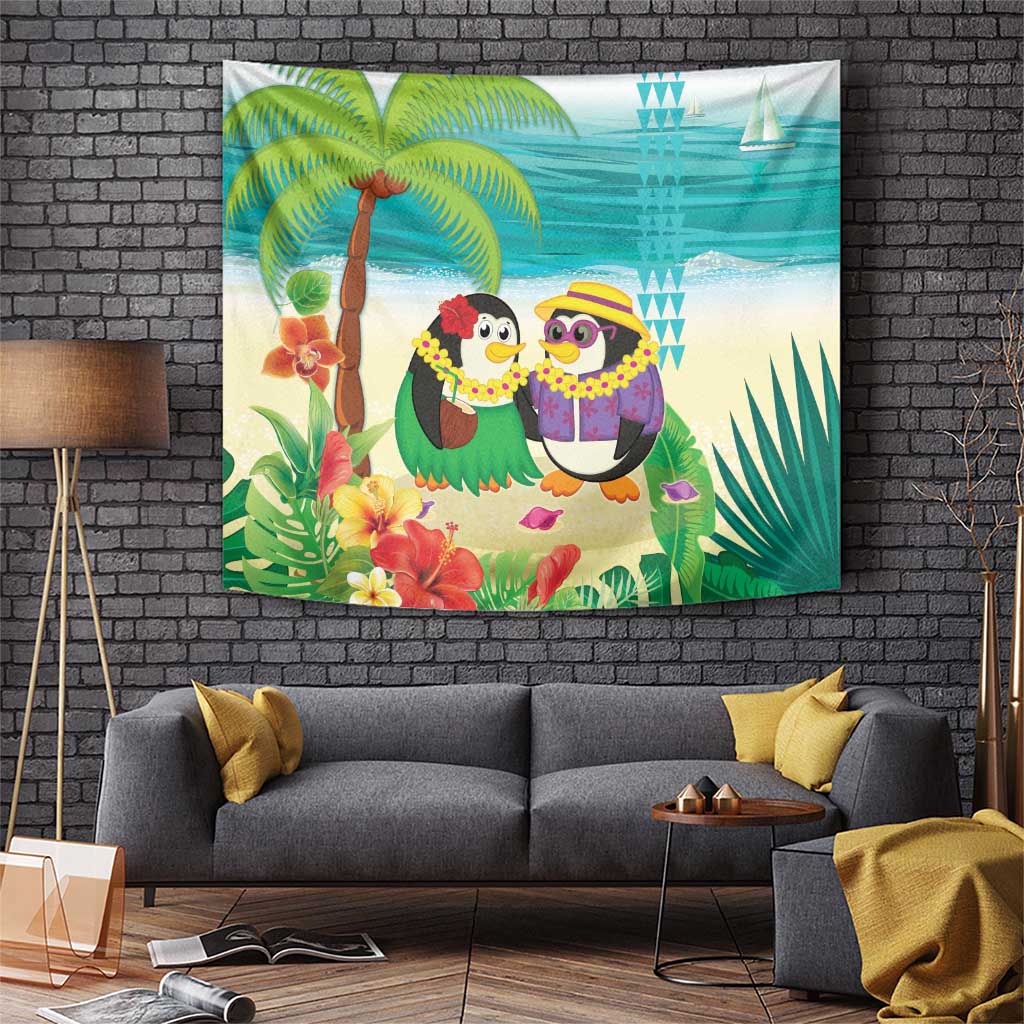 Hawaii Penguin Couple Tapestry Hawaiian Kakau - Tropical Summer Vibes