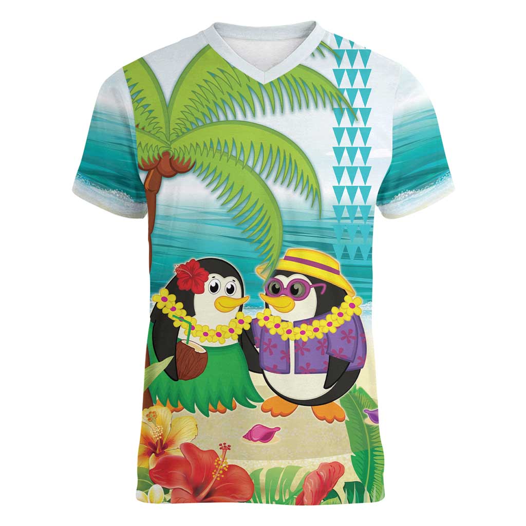 Hawaii Penguin Couple Women V-Neck T-Shirt Hawaiian Kakau - Tropical Summer Vibes