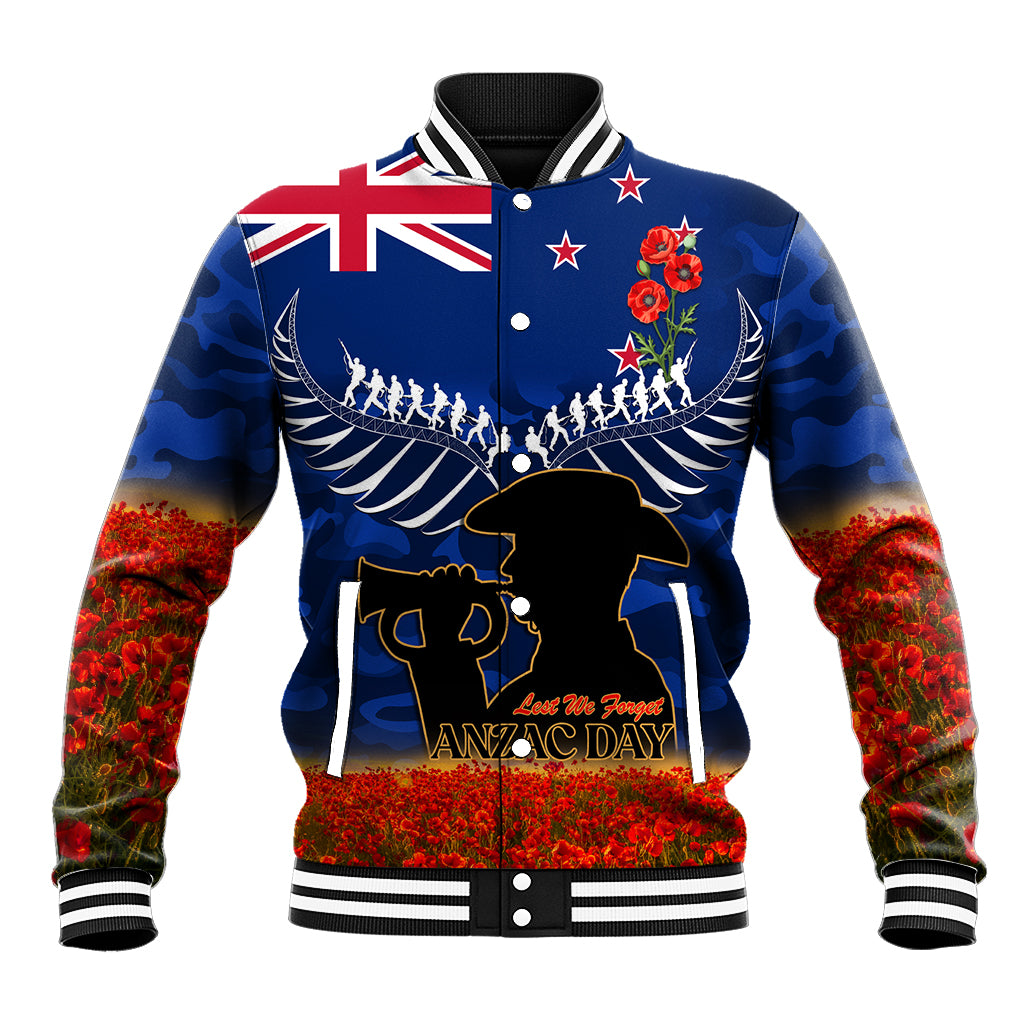 New Zealand ANZAC Day Baseball Jacket 25 April Last Post Camouflage With Poppies LT14 Unisex Blue - Polynesian Pride