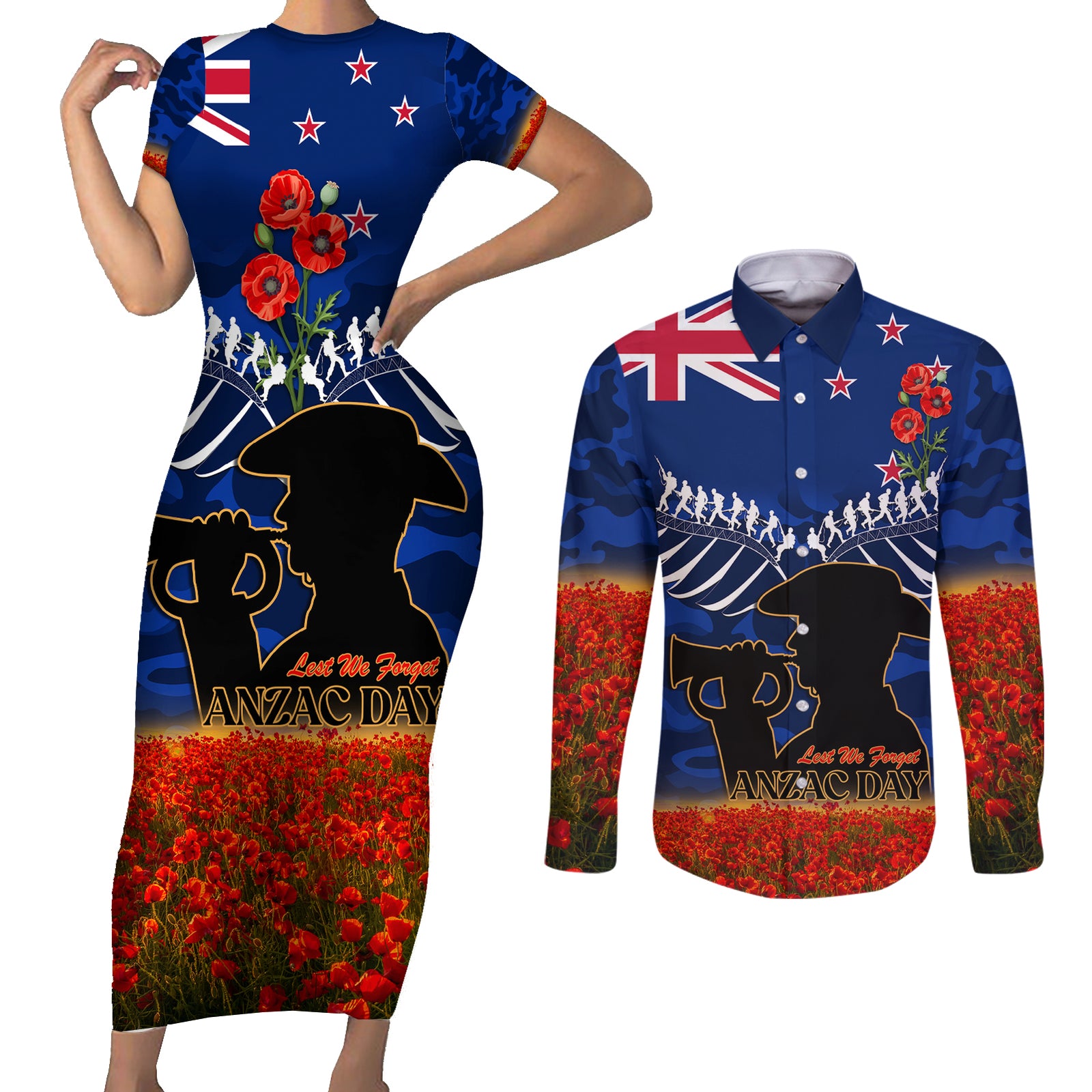 New Zealand ANZAC Day Couples Matching Short Sleeve Bodycon Dress and Long Sleeve Button Shirt 25 April Last Post Camouflage With Poppies LT14 Blue - Polynesian Pride
