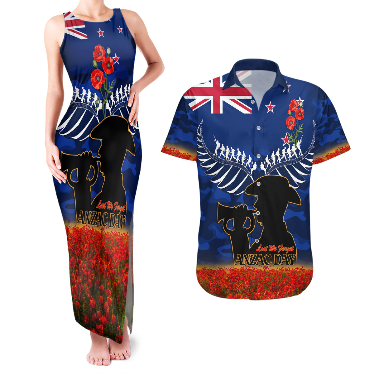 New Zealand ANZAC Day Couples Matching Tank Maxi Dress and Hawaiian Shirt 25 April Last Post Camouflage With Poppies LT14 Blue - Polynesian Pride