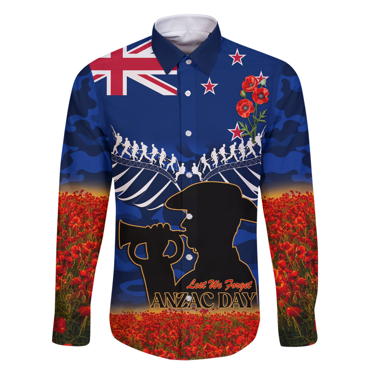 New Zealand ANZAC Day Family Matching Long Sleeve Bodycon Dress and Hawaiian Shirt 25 April Last Post Camouflage With Poppies LT14 Dad's Shirt - Long Sleeve Blue - Polynesian Pride
