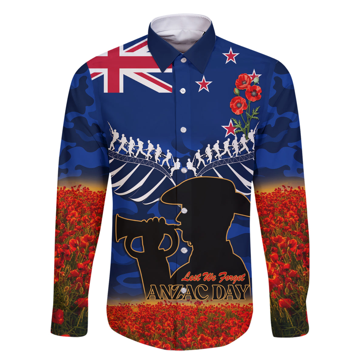 New Zealand ANZAC Day Family Matching Short Sleeve Bodycon Dress and Hawaiian Shirt 25 April Last Post Camouflage With Poppies LT14 Dad's Shirt - Long Sleeve Blue - Polynesian Pride