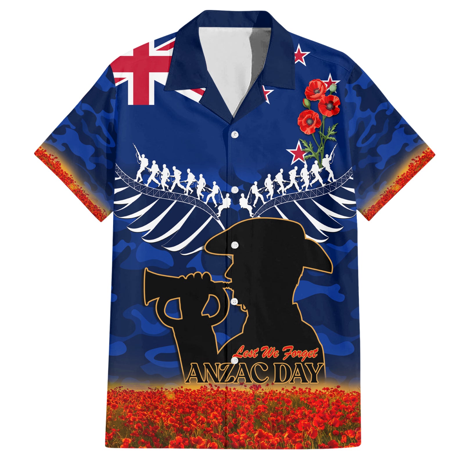 New Zealand ANZAC Day Hawaiian Shirt 25 April Last Post Camouflage With Poppies LT14 Blue - Polynesian Pride