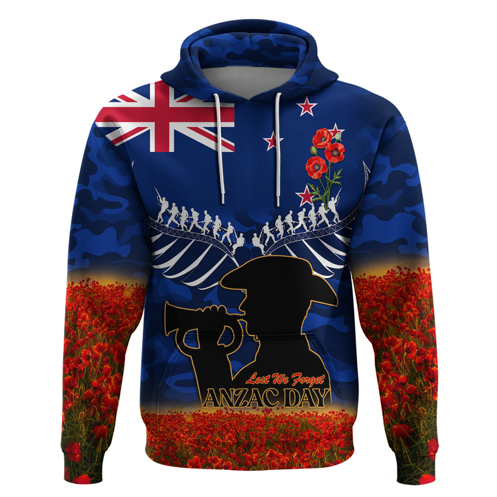 New Zealand ANZAC Day Hoodie 25 April Last Post Camouflage With Poppies LT14 Pullover Hoodie Blue - Polynesian Pride