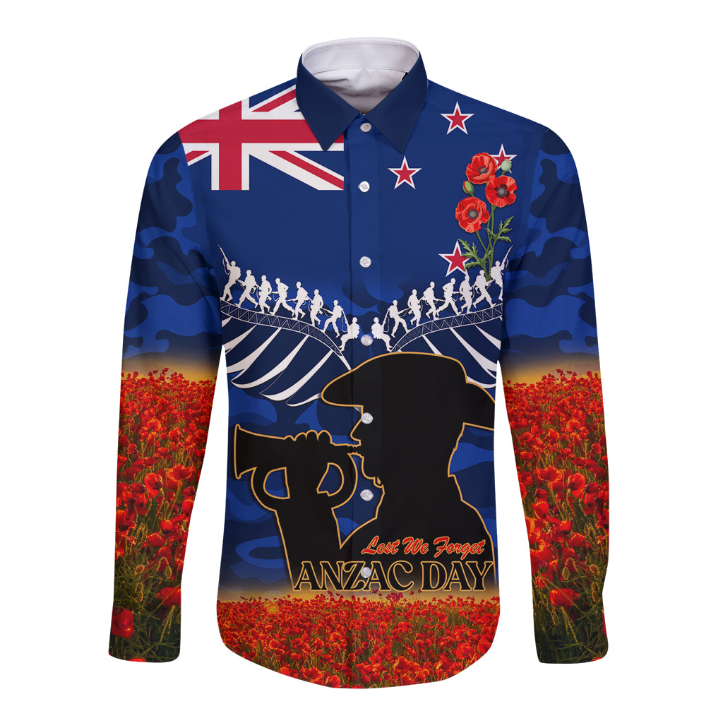 New Zealand ANZAC Day Long Sleeve Button Shirt 25 April Last Post Camouflage With Poppies LT14 Unisex Blue - Polynesian Pride