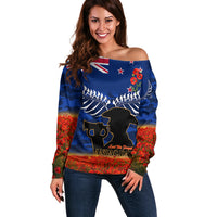 New Zealand ANZAC Day Off Shoulder Sweater 25 April Last Post Camouflage With Poppies LT14 Women Blue - Polynesian Pride