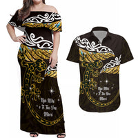 New Zealand Matariki Couples Matching Off Shoulder Maxi Dress and Hawaiian Shirt Maori New Year Silver Fern And Lizard - Gold