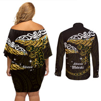 New Zealand Matariki Couples Matching Off Shoulder Short Dress and Long Sleeve Button Shirt Maori New Year Silver Fern And Lizard - Gold