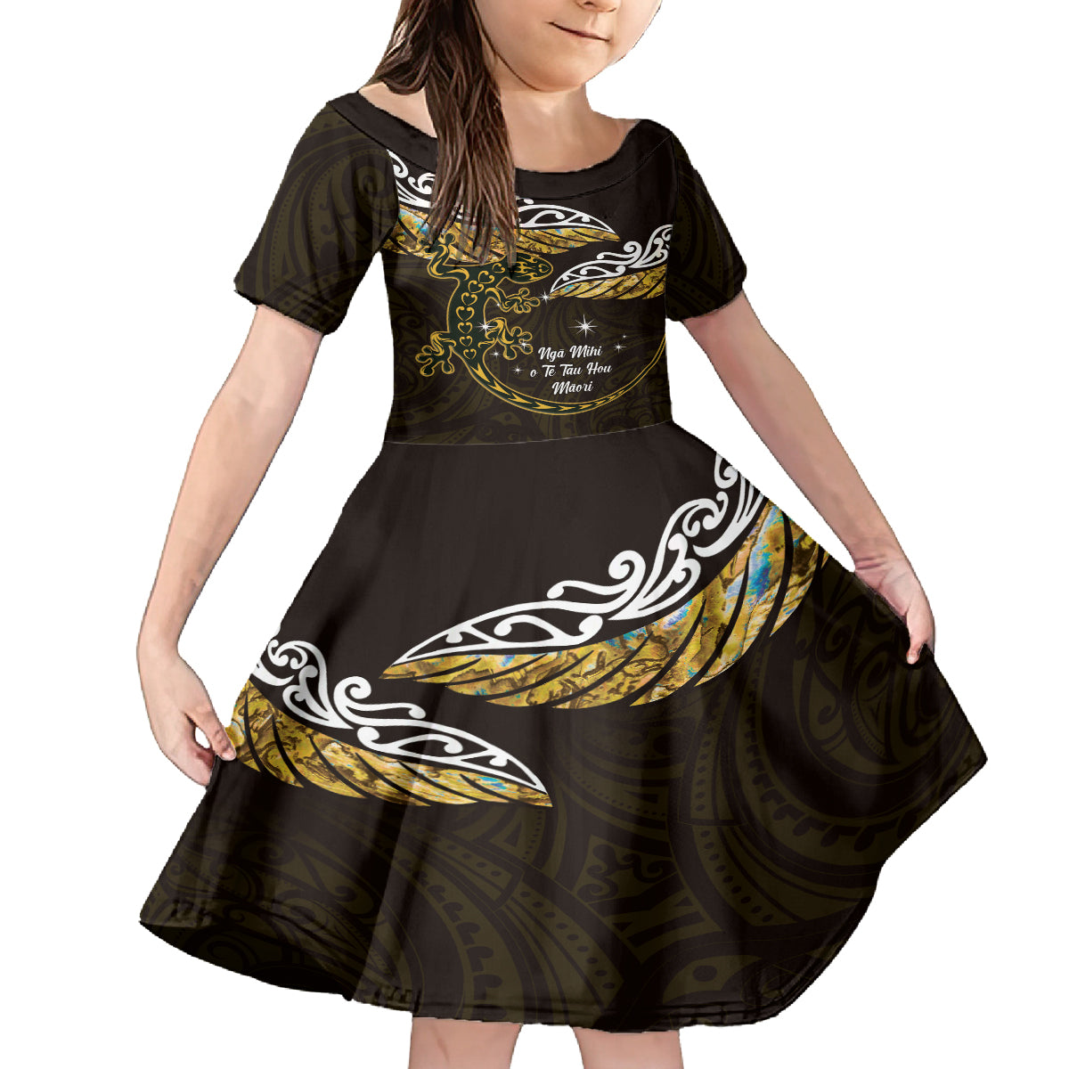 New Zealand Matariki Family Matching Off The Shoulder Long Sleeve Dress and Hawaiian Shirt Maori New Year Silver Fern And Lizard - Gold