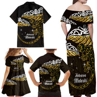New Zealand Matariki Family Matching Off Shoulder Maxi Dress and Hawaiian Shirt Maori New Year Silver Fern And Lizard - Gold