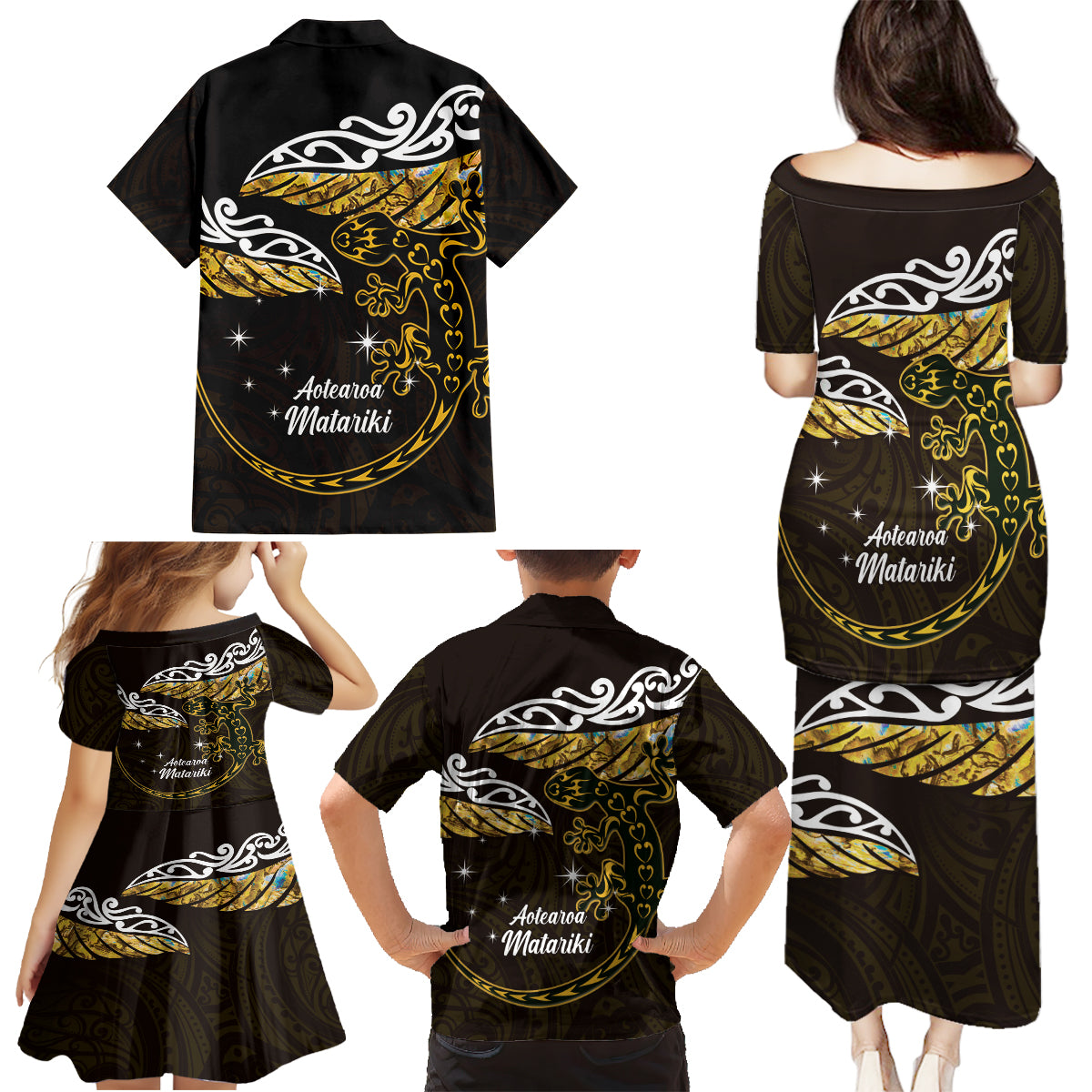 New Zealand Matariki Family Matching Puletasi and Hawaiian Shirt Maori New Year Silver Fern And Lizard - Gold