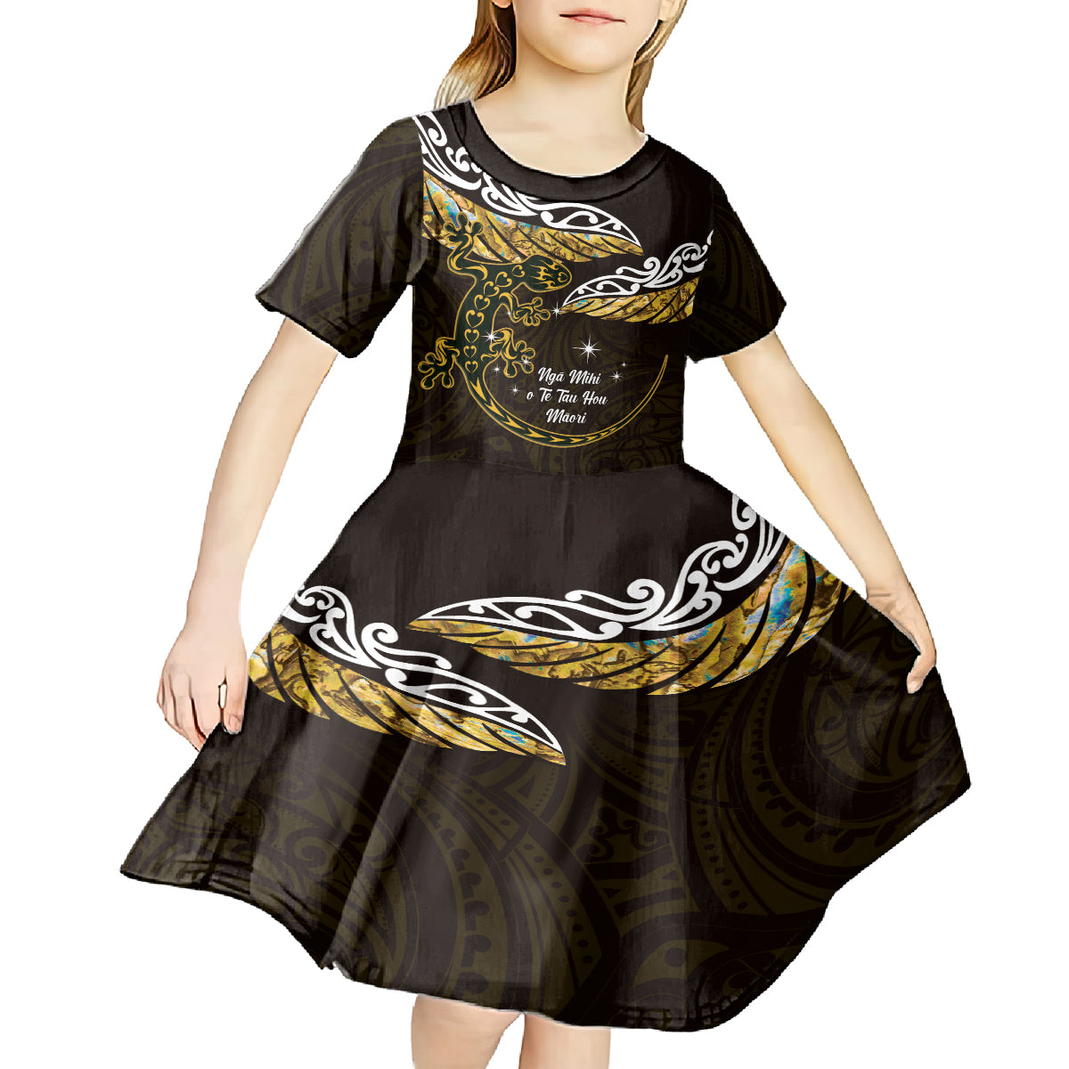 New Zealand Matariki Kid Short Sleeve Dress Maori New Year Silver Fern And Lizard - Gold LT14 - Polynesian Pride