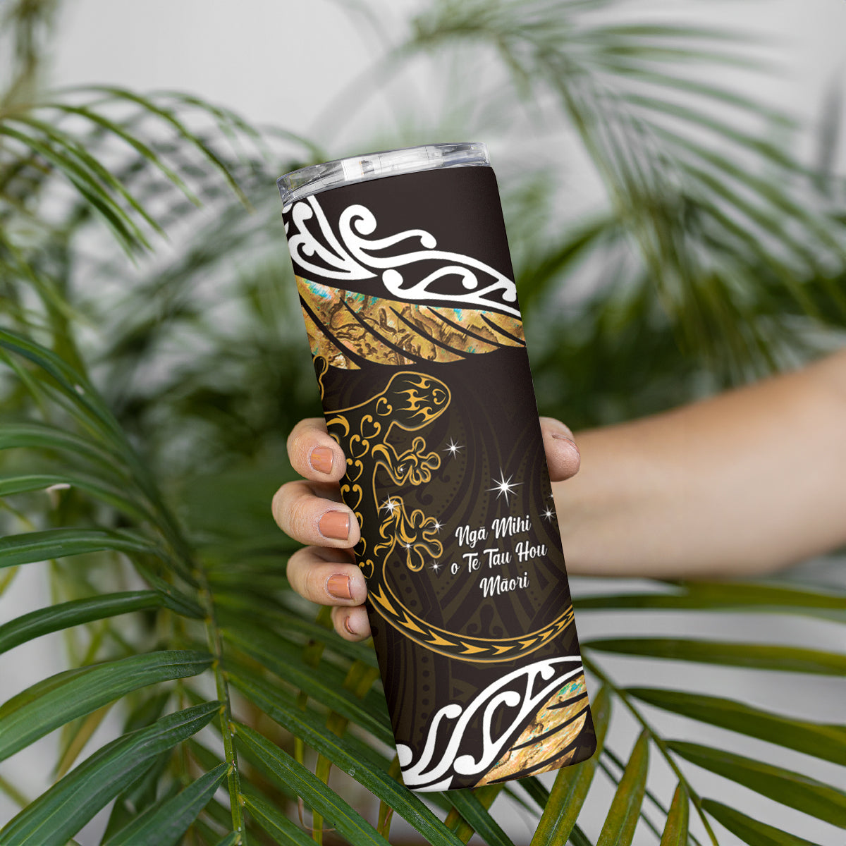 New Zealand Matariki Skinny Tumbler Maori New Year Silver Fern And Lizard - Gold