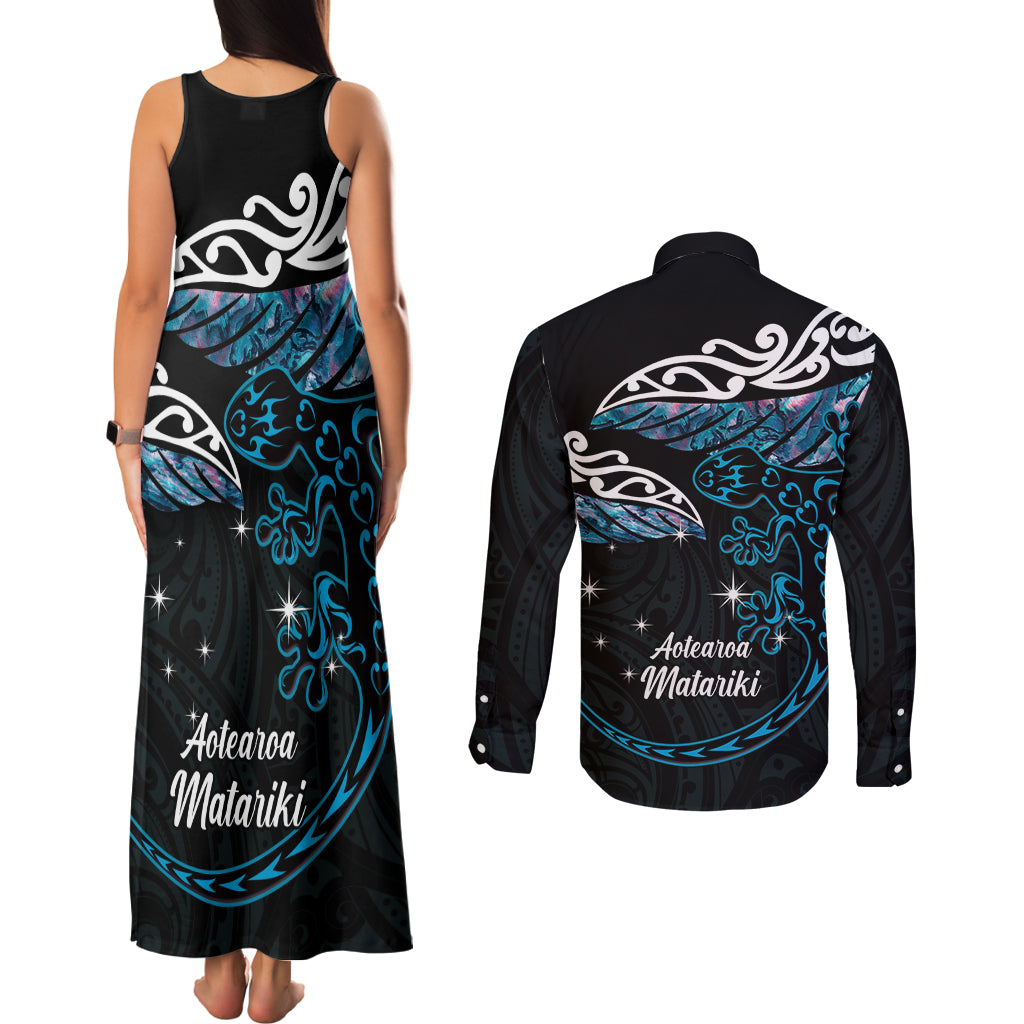 New Zealand Matariki Couples Matching Tank Maxi Dress and Long Sleeve Button Shirt Maori New Year Silver Fern And Lizard - Turquosie
